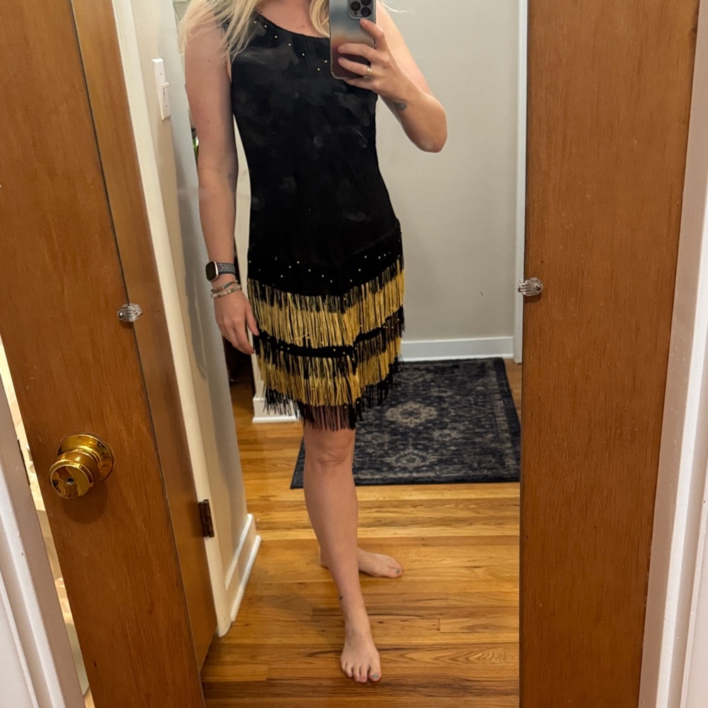 Elegant Black and Gold Fringe Flapper Dress costume.